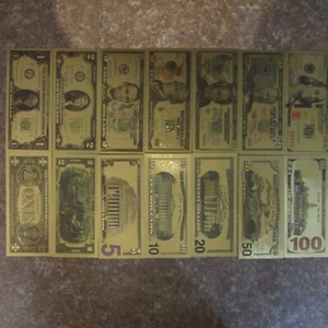 Lot of (7) Commemorative 24kt Real Gold Foil US Bills $1 $2 $5 $10 $20 $50 $100 - Picture 1 of 17