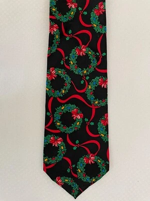 Surrey Wreaths Lights Red Ribbon Holly Christmas Floral Polyester Necktie - Image 1 of 3