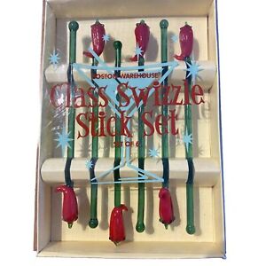 2002 Boston Warehouse Set of 6 Glass Red Pepper Swizzle Sticks w/ Box Barware