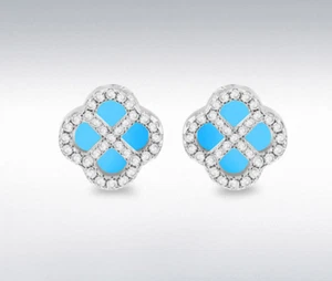 Argento Sterling 11mm Syn Turchese E 1.1mm Bianco Zircone Cubico Orecchini - Foto 1 di 1