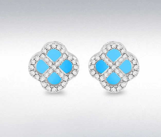 Argento Sterling 11mm Syn Turchese E 1.1mm Bianco Zircone Cubico Orecchini - Immagine 1 di 1