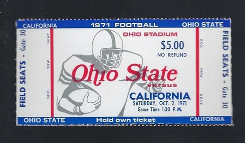 VINTAGE 1971 NCAA CALIFORNIA BEARS @ OHIO STATE BUCKEYES FULL FOOTBALL TICKET Cover