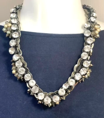 Faux Pearl Necklace Large Clear Rhinestones Maximalist Runway Statement Chain - Image 1 of 4