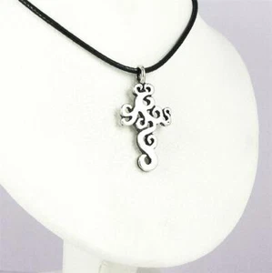 Contemporary Tree of Life Cross Pendant Necklace White Bronze w Black Cord - Picture 1 of 2