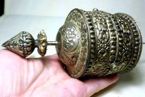 Tibetan Prayer Wheel Antique Silver Repousse Prayer Scroll Tibet - Picture 1 of 11