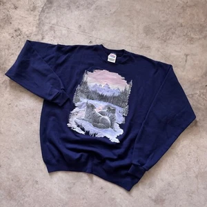 Vintage 90s Hanes Wolf Howling Nature Graphic Sweatshirt Crewneck Blue XL - Bild 1 von 7