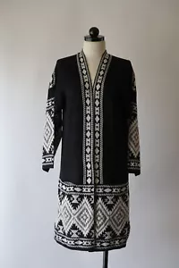 Cárdigan largo MAXSPORT negro blanco estampado étnico tachuelas suéter abrigo plumero mujer L - Imagen 1 de 24