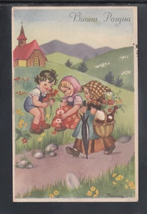 Cartolina Buona Pasqua Bambini Fiori Chiesa illustratore Fanny ZB1099 - Picture 1 of 1