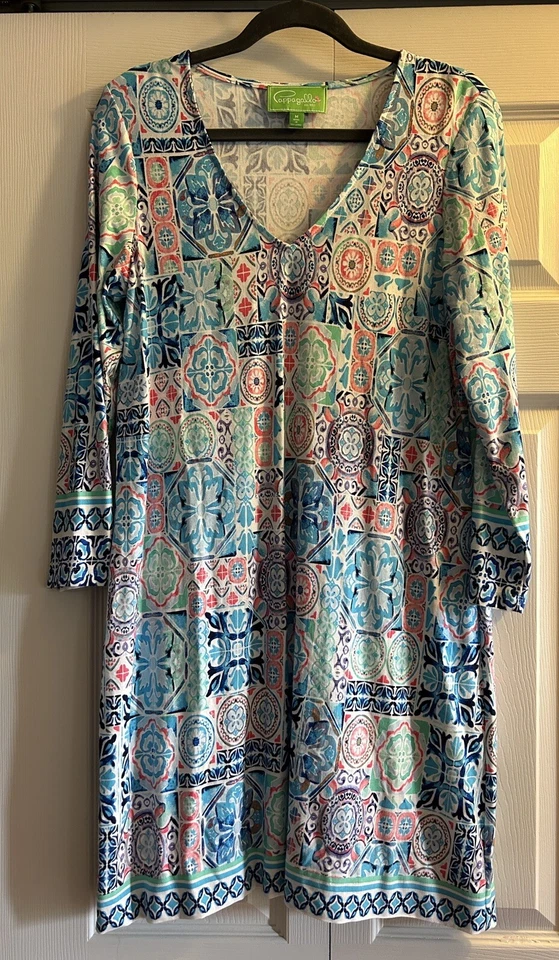 Vestido Mujer Talla M Azul Verde Coral Geométrico Cuello en V Elastizado Cappagallo Primavera Foto 1 de 4