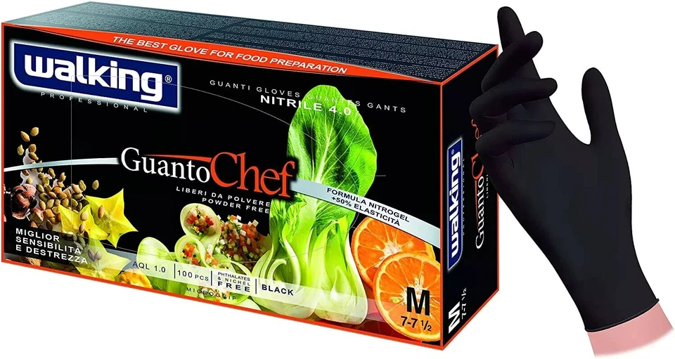 WALKING GUANTI CHEF NERI IN NITRILE - PACCO DA 100 PEZZI - | VARIE TAGLIE IN OFF