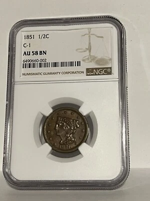 NGC AU-58 BN 1851 Braided Hair Half Cent, Sharply Struck, Lustrous specimen. - Image 1 of 2