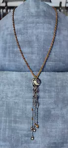 Unique 30" Thick Bronze Tone Rope Statement Necklace 7" Fringe Pendant Upcycled - Picture 1 of 10