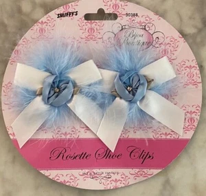 Rosette Shoe Clips - Bijou Boutique - Wedding Bride - Light Blue Rose w Marabou - Picture 1 of 2