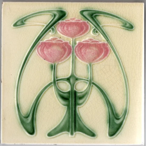 Very Stylish Rose & green Art Nouveau original period majolica tile Cover