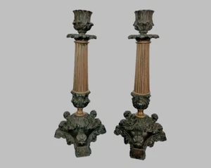 Paar Kerzenständer aus Lineal und Messing mit Delfindekor Mitte 19. Jh. - Bild 1 von 8