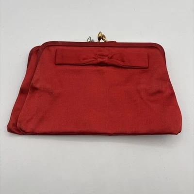 Vintage Saks Fifth Avenue Koret Tresor Red Satin Clutch Bag Bow Accents - Image 1 of 4