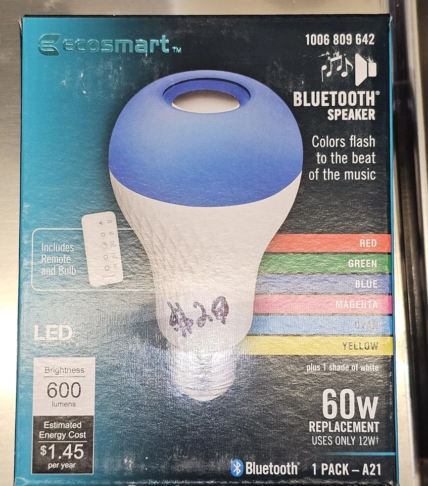 Ecosmart LED Light Bulb Speaker w/Bluetooth 60W Color Changing and Remote NEW - Image 1 of 1