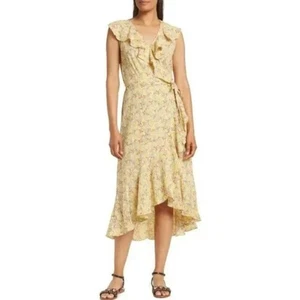 Max Studio Summer Wrap Dress Ruffle Midi Yellow Floral Flowy Hi Lo Sz L - Picture 1 of 9