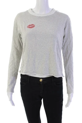 Monrow 女式棉质长袖圆领针织条纹毛衣白色 S 码 — 第 1/4 张图片