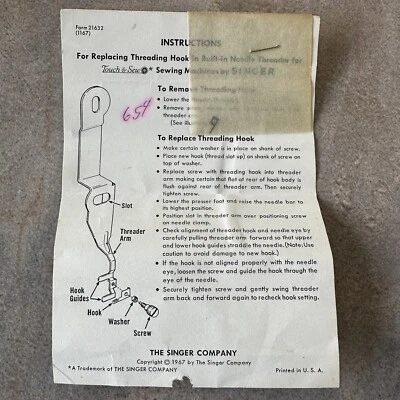 Vintage 1967 SINGER Touch & Sew SEWING MACHINE NEW Replacement THREADING HOOK - Image 1 of 4