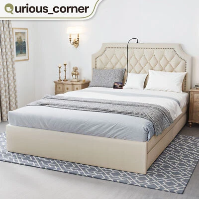 Marco de cama tamaño completo King Queen con cabecero de carga y cajones de almacenamiento Foto 1 de 4