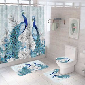 Peacock Shower Curtain Bathroom Rug Set Thick Bath Mat Non-Slip Toilet Lid-
