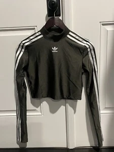 NWT adidas 3-Stripes Cropped High Neck Long Sleeve Shirt - Shadow Olive -Small - Picture 1 of 10