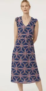 BEAUTIFUL NAVY BLUE UNION JACK DITSY FLORAL MIDI DRESS SZ 10 PATRIOTIC - Picture 1 of 12