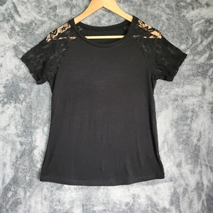 Womens Short Sleeve T-Shirt Round Neck Casual Top Lace Trim Blouse Small Black - Picture 1 of 6