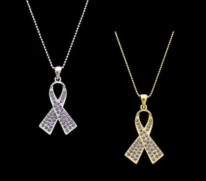 CRYSTAL PERIWINKLE RIBBON BOW STOMACH CANCER AWARENESS PENDANT CHARM NECKLACE - Picture 1 of 7