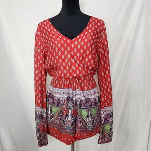 Pagliaccetto boho TRUTH NYC taglia media 100% rayon rosso paisley manica lunga scollo a V - Foto 1 di 11