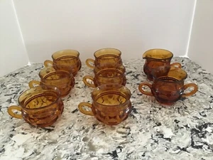 MCM 1960s Indiana Glass Amber Kings Crown Thumbprint Coffee 6 Cups Sugar Creamer - Picture 1 of 3