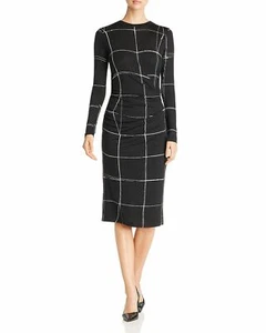 HUGO BOSS Schwarz Weiß Windowpane Check Esetta Stretch Strick Rüschen Midi L = 10/12 - Bild 1 von 10