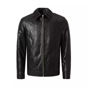 Mens Black Python Embossed Leather Jacket Exotic Snake Skin Print Leather Jacket - Picture 1 of 4