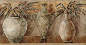 Vintage Mediterranean Vases Flowers Pottery Leaf Brown Kitchen Wallpaper Border - Picture 1 of 2