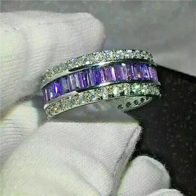 3CT Baguette Lab Created Amethyst Men's Engagement Ring 14K White Gold Finish - Image 1 of 3