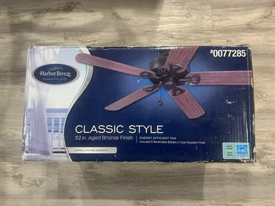 Harbor Breeze, Classic 52 Inch Aged Bronze Finish Ceiling Fan New In Box 77285. - Image 1 of 4
