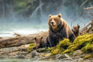 Bear and Cubs II by Buck Rawlins Western Wildlife Art Print + Free Shipping - Picture 1 of 3