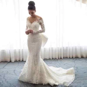 Elegant Mermaid Wedding Dresses Bowknot Detachable Train Sweeping Bridal Gowns - Picture 1 of 12