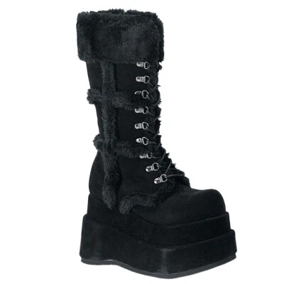 DEMONIA BEAR-202 Womens Platform Black Goth Punk Fur Trim Vegan Suede Calf Boots - Image 1 of 4