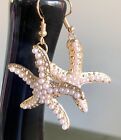 Elegant Figural Gold Cast Metal Pearl Beaded Starfish Dangle Earrings New