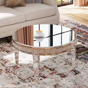 COSVALVE Round Mirrored Coffee Table Glass End Table w/Crystal Design Livingroom - Picture 1 of 16