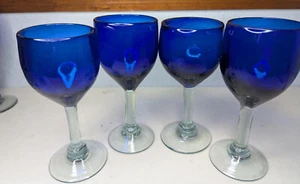 6 -Mexican Hand Blown Glass Wine Water Goblet Cobalt Blue Clear Stem - Picture 1 of 3