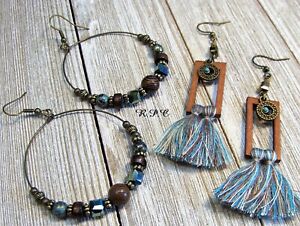 2 Pair Bronze Western Boho Cowgirl Dangle Earrings-Tassels-Wood-Glass Beads