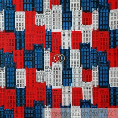BonEful Fabric FQ Cotton Quilt Red White Blue American City Building Super Hero - Image 1 of 4