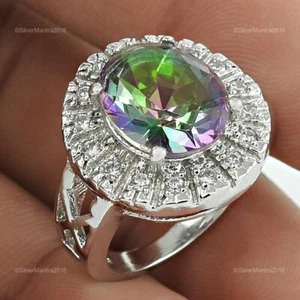 925 Silber Ovale Mystic Topas Cubic Zirkonia Solitaire Rhodiniert Ring US 6 - Bild 1 von 9
