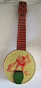 Antique 1920s Clown & Smoking Terrier Dog TIN BANJO 4 Metal Strings (1 loose) - Picture 1 of 5