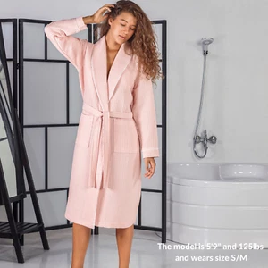 Waffle Long Sleeve Bathrobe Kimono, Pink Color Lightweight Cotton Robe - Picture 1 of 3