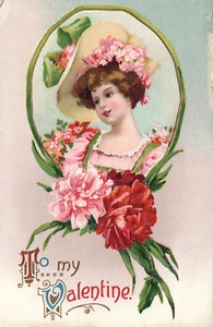 Geprägte schöne Frau mit Blumenhut und Kleidung Valentinstag Postkarte - Bild 1 von 2