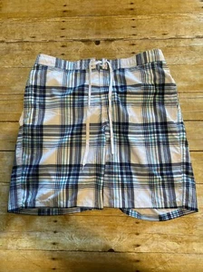 Merona Mens L Blue White Plaid Swim Trunks Board Shorts Hook Loop Pockets W38-41 - Picture 1 of 6